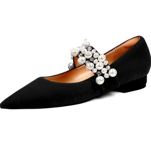 XYD Black Flats with Pearl Embellishments